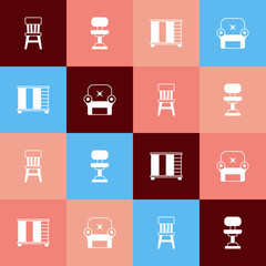 Set pop art Chair, Office chair, Wardrobe and Armchair icon. Vector
