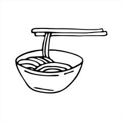 Noodles Wok in the style of doodles. Vector black and white hand-drawn illustration. Food object isolated on a white background.