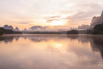 Ban Nong Thale the natural scenery of the sunshine in the morning (mountains, lakes, trees, fog) Thailand.
