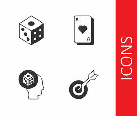 Set Classic dart board and arrow, Game dice, and Playing cards icon. Vector
