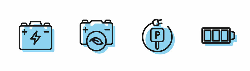 Set line Charging parking electric car, Car battery, Eco nature leaf and Battery charge icon. Vector