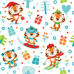 Christmas pattern with year 2022 symbol. Cheerful tigers.