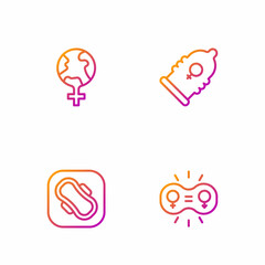Set line Gender equality, Sanitary napkin, Feminism the world and Condom. Gradient color icons. Vector