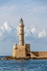 The  lighthouse of the old Venetian harbor of Chania, Crete, Greece. One of the oldest lighthouses in the world