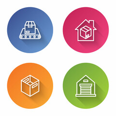 Obraz premium Set line Conveyor belt with box, Home delivery services, Carton cardboard and Warehouse. Color circle button. Vector