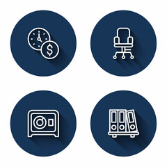 Set line Time is money, Office chair, Safe and folders with long shadow. Blue circle button. Vector