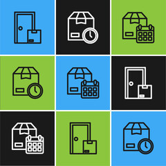 Set line Home delivery services, Cardboard box with calendar and clock icon. Vector
