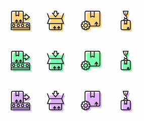 Set line Gear with package box, Conveyor belt, Carton cardboard and Crane icon. Vector