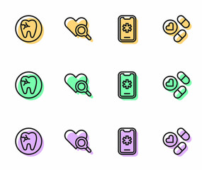 Set line Emergency call 911, Tooth with caries, Medical heart inspection and Medicine pill or tablet icon. Vector
