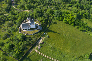 Aerial drone view of Valeni reformed church, Transylvania, Romania