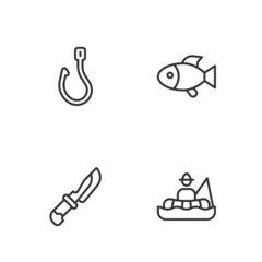 Set line Fisherman in boat, Knife, Fishing hook and icon. Vector