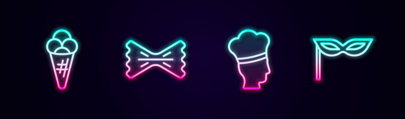 Set line Ice cream in waffle, Macaroni, Italian cook and Carnival mask. Glowing neon icon. Vector