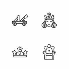 Set line Medieval throne, King crown, catapult and Princess or queen icon. Vector