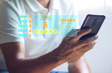 Businessman using laptop customer satisfaction survey concept Users rate the service experience in...