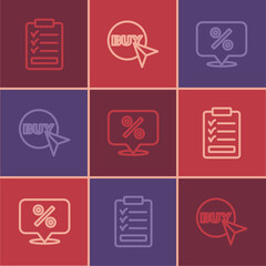 Set line Clipboard with checklist, Discount percent tag and Buy button icon. Vector