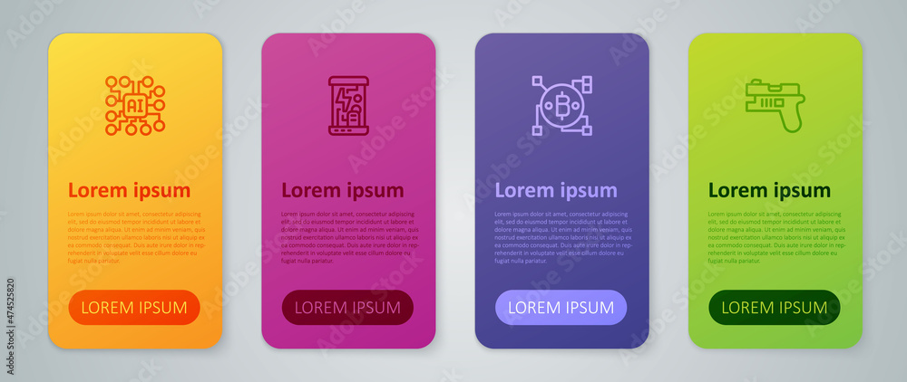 Poster set line blockchain technology bitcoin, futuristic weapon, neural network and cryogenic capsules. bu