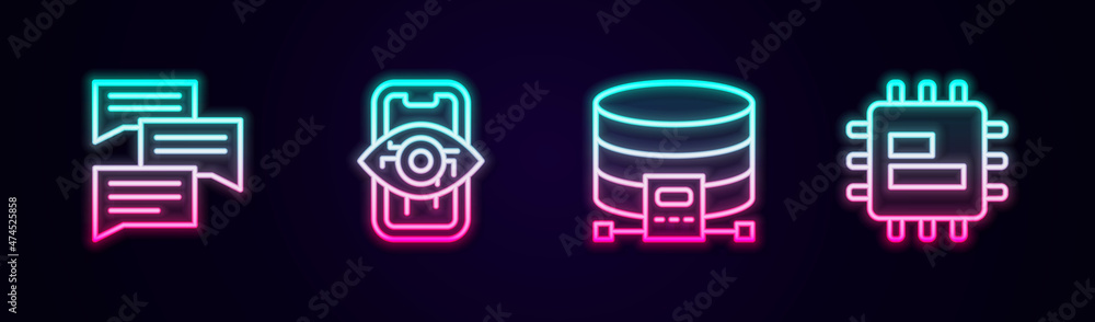 Poster set line speech bubble chat, computer vision, cloud database and processor cpu. glowing neon icon. v