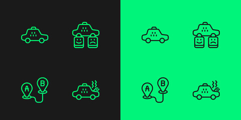 Set line Broken taxi car, Route location, Taxi and service rating icon. Vector