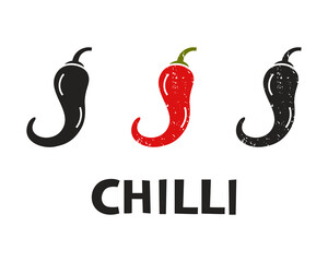 Chilli pepper, silhouette icons set with lettering. Imitation of stamp, print with scuffs. Simple black shape and color vector illustration. Hand drawn isolated elements on white background