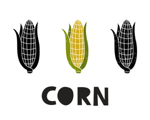 Ear of corn, silhouette icons set with lettering. Imitation of stamp, print with scuffs. Simple black shape and color vector illustration. Hand drawn isolated elements on white background