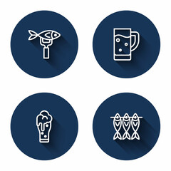 Set line Dried fish, Glass of beer, and with long shadow. Blue circle button. Vector