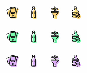 Set line Fountain, Water jug with filter, Bottle of water and Big bottle clean icon. Vector