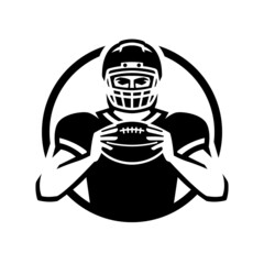 American football player with ball, logo, emblem. Vector illustration.
