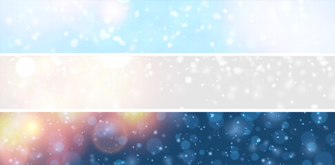 Set of banners with bokeh lights like snow.