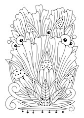 Naklejka premium Floral ornament coloring page. Art therapy for children and adults. Black-white flowers background for coloring.
