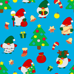 Seamless vector pattern with cute cartoon Christmas Gnomes
