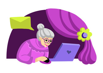 An elderly woman is working on a laptop.