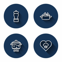 Set line Pepper, Cooking pot, on fire and Chef hat with long shadow. Blue circle button. Vector
