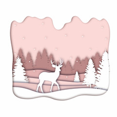 Deer in forest in the winter season with trees and snow as Paper art and digital craft style concept. Vector illustration.