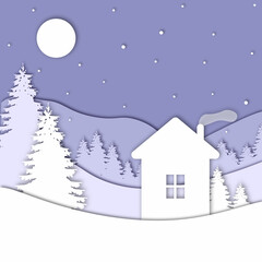 Naklejka premium House in forest in the winter season with trees and snow. Paper cut style. New Year and Merry Christmas card. Vector illustration. 