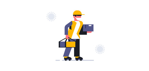 Fototapeta na wymiar A courier wearing a medical mask on rollers delivers the parcel to the order address. Box, delivery man, safe delivery service, coronavirus, virus. Vector illustration