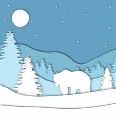 Fototapeta na wymiar Bear in forest in the winter season with trees and snow. Paper cut style. Merry Christmas card. Vector illustration. 