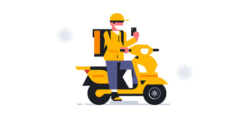 Fototapeta premium A courier wearing a medical mask on a motorcycle accepted an order to deliver a parcel. Bag, box, delivery man, safe delivery, coronavirus, virus, moto, bike, scooter, phone, app. Vector illustration