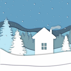 House in forest in the winter season with trees and snow. Paper cut style. New Year and Merry Christmas card. Vector illustration.
