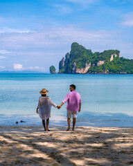 Kho Phi Phi Thailand, couple man and woman on a trip at the tropical island of Koh Phi Phi in...