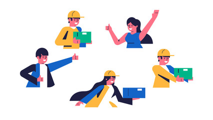 City online parcel delivery service. Couriers with parcels for delivery. Happy men and women. Couriers with boxes of orders in their hands. Man and woman show thumbs up. Flat vector illustration