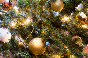 Christmas tree with lights and decorations with soft focus