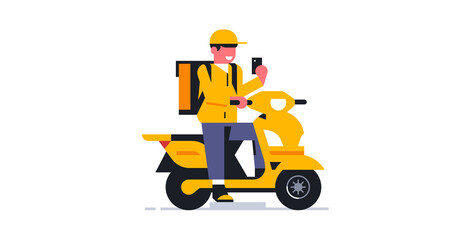 The courier accepts an order for delivery via a mobile application while sitting on a motorcycle. Online food delivery service to your home. Courier in working uniform, phone. Vector illustration