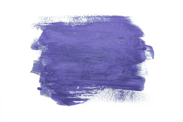 Trendy Color of the year 2022 Very Peri. Sample of Very Peri lilac paint on white isolated background. Texture of lilac paint. Lavender new trend color on white background.