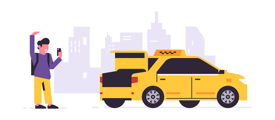 Online taxi ordering service. A driver in a yellow taxi, a passenger, transportation of people. A man with a briefcase, city, cab. Vector illustration isolated on background.