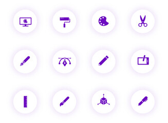 art and design purple color vector icons on light round buttons with purple shadow. art and design icon set for web, mobile apps, ui design and print