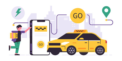 Taxi ordering service mobile application concept. Phone with application for ordering a taxi on display. Transportation of people by car. Man with a suitcase, yellow car, city, line, icon, sign.