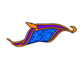 Magic flying carpet. Cartoon character. Vector illustration.