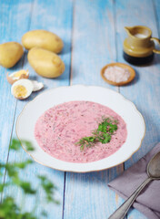 A plate with cold beetroot soup - national dish of Baltic region	