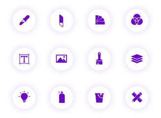 art and design purple color vector icons on light round buttons with purple shadow. art and design icon set for web, mobile apps, ui design and print
