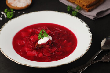 A plate with Ukrainian national dish - borsch	